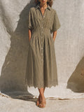 Women's Mediterranean Style Khaki Cotton Blend Striped Collared Button-Front Short Sleeve Eyelet Hem Midi Shirt Dress MDZ0780G9ZSQ