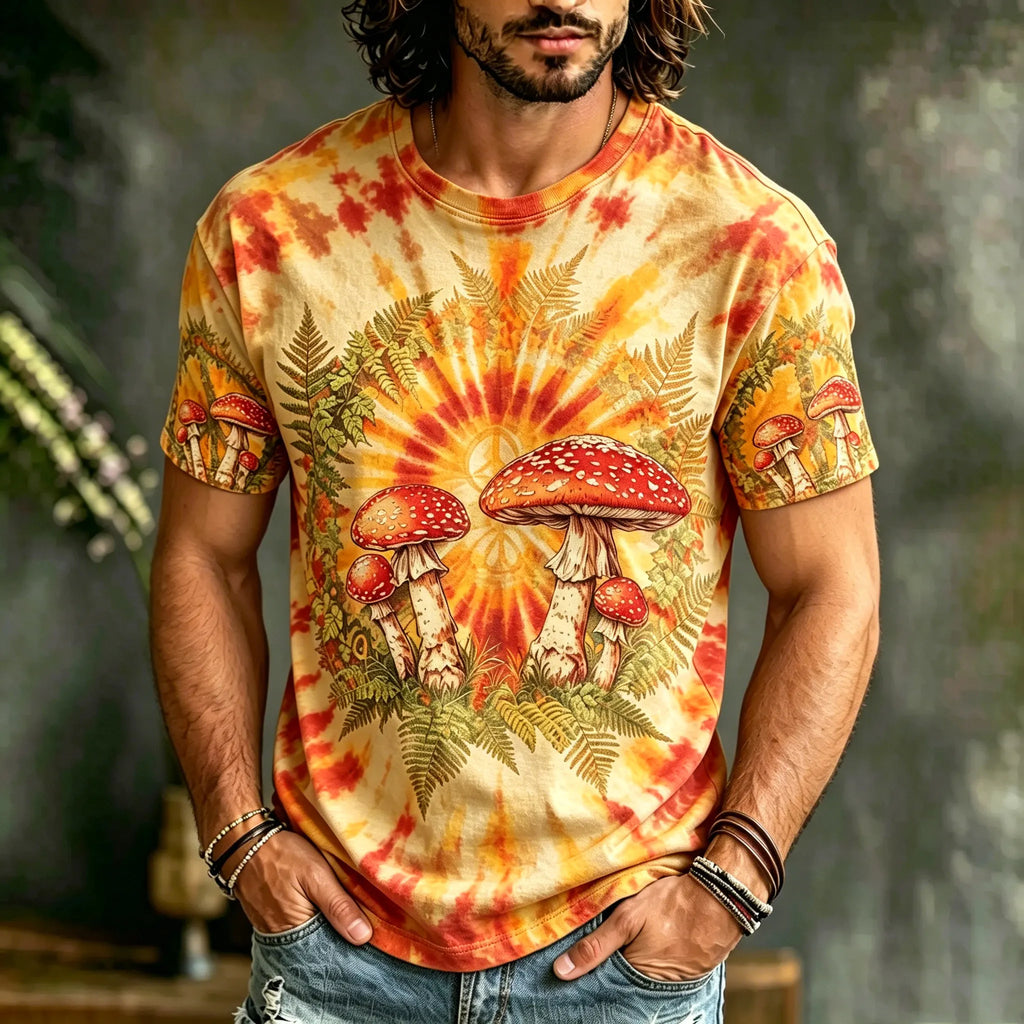 Men's Hippie Tie-dye Peace Symbol Psychedelic Mushroom Print Casual T-shirt