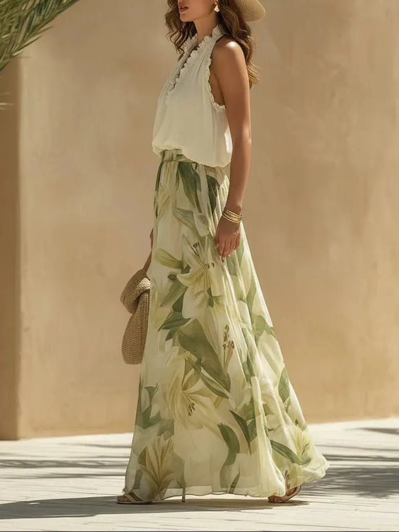 Tropical Garden Halter Leaf Print Wide-Leg Set