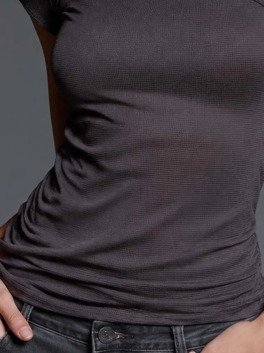 Dark Gray Waffle-Knit Asymmetrical Neck Top With Mesh Sleeves