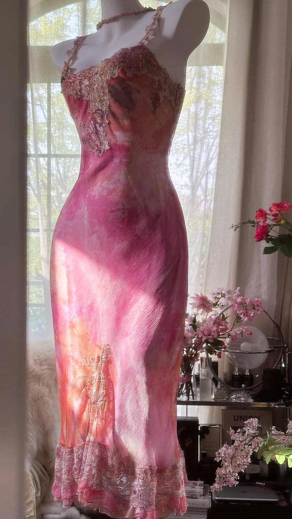 Pink gorgeous gradient exquisite beaded lace long chiffon fairy ball gown evening dress wedding party dress prom dress graduation date dress 3990