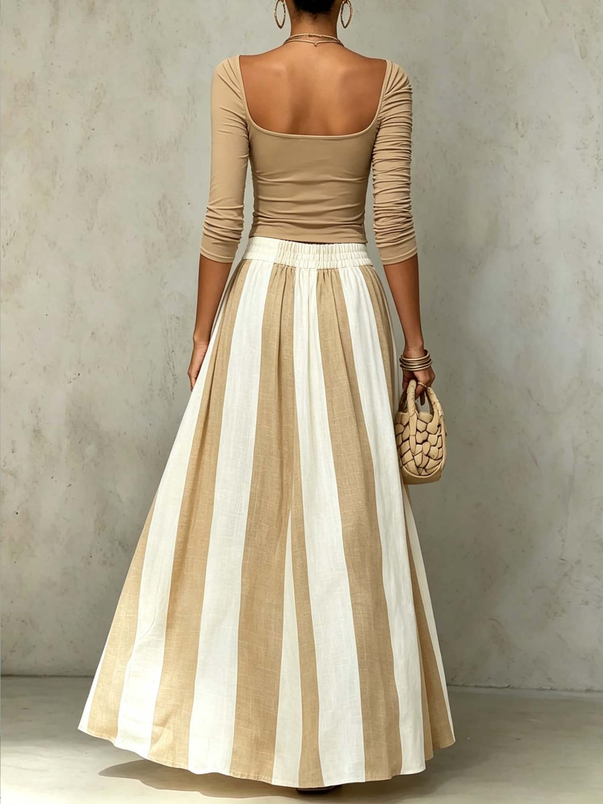 Beige And White Ruched Top And Striped Maxi Skirt Set
