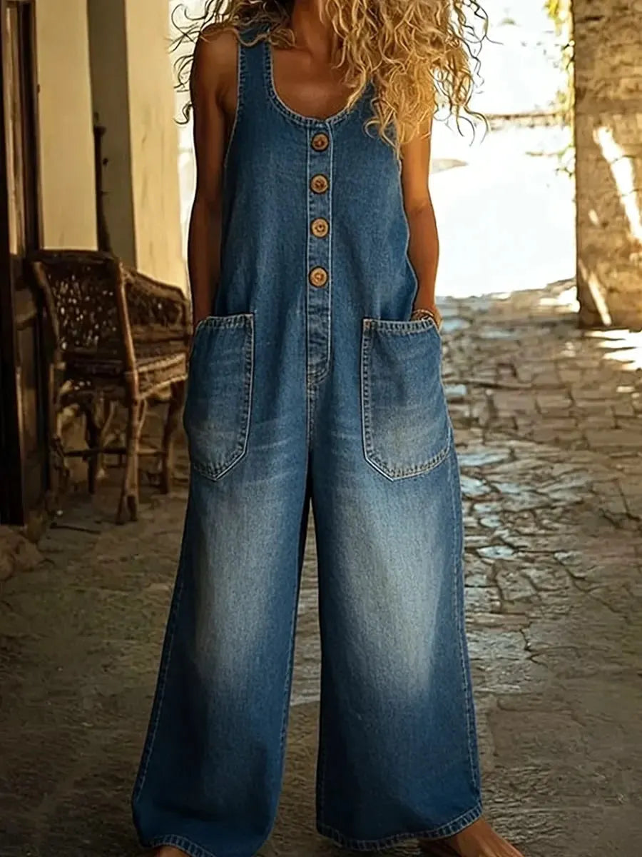 Denim Overalls for Women - Vintage Washed Cotton Relaxed Fit