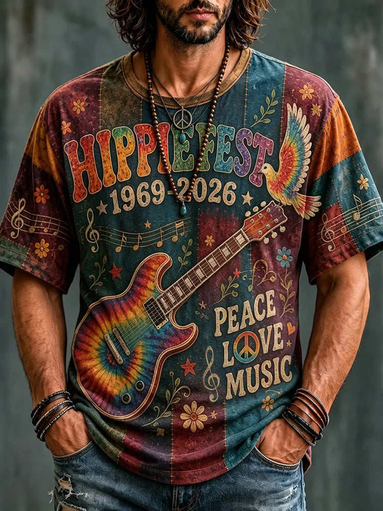 Men's Hippie Music Pigeons With Guitar Tie Dye Art Pattern Print T-shirt