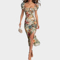 Floral Ruched Puff-Sleeve Midi Dress