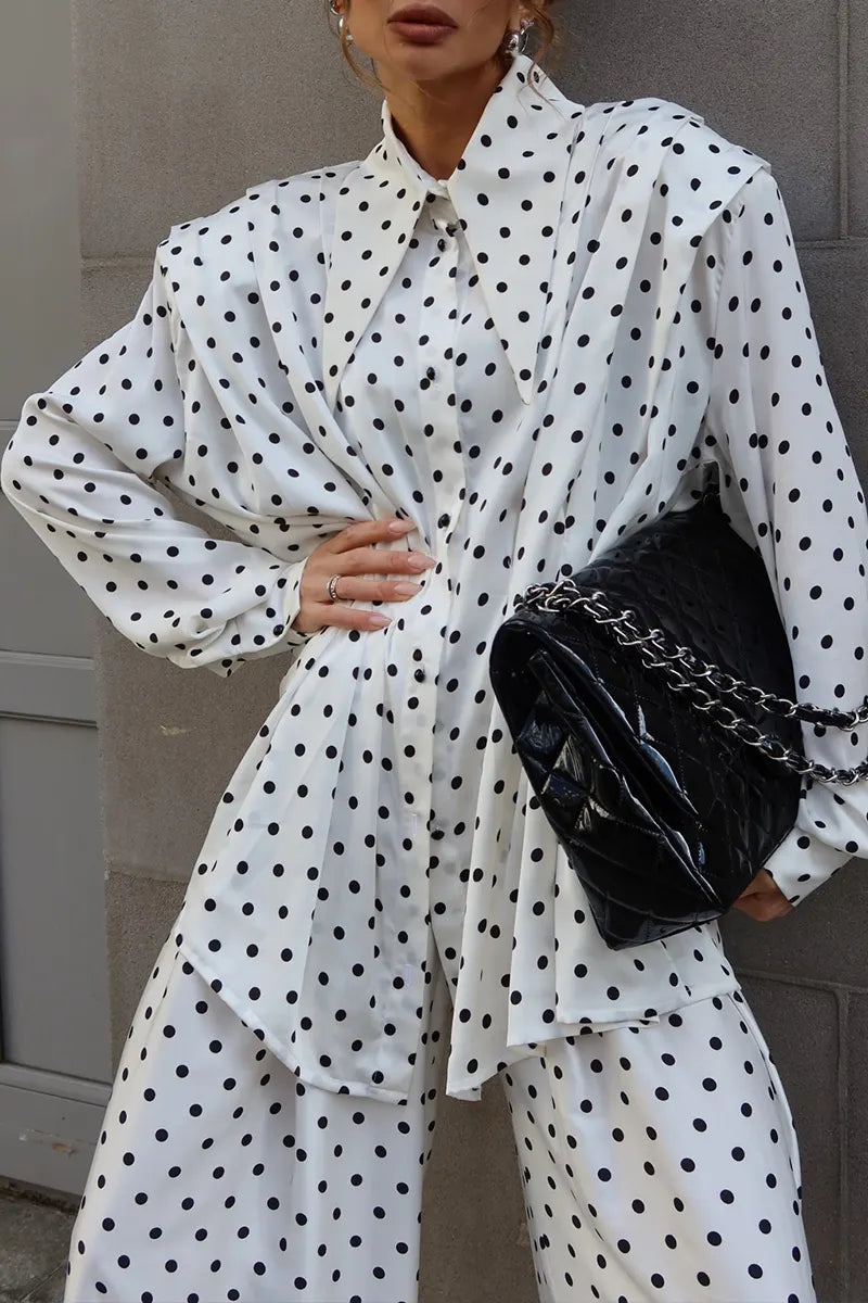 Women's Casual Loose Polka-Dot Shirts Pants Set