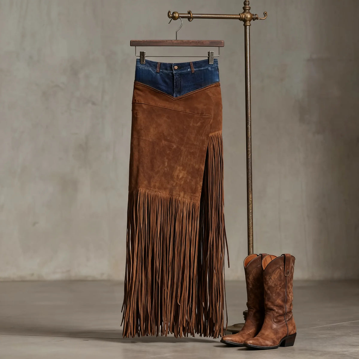 Western Faux Suede Fringe Maxi Skirt with Denim Yoke