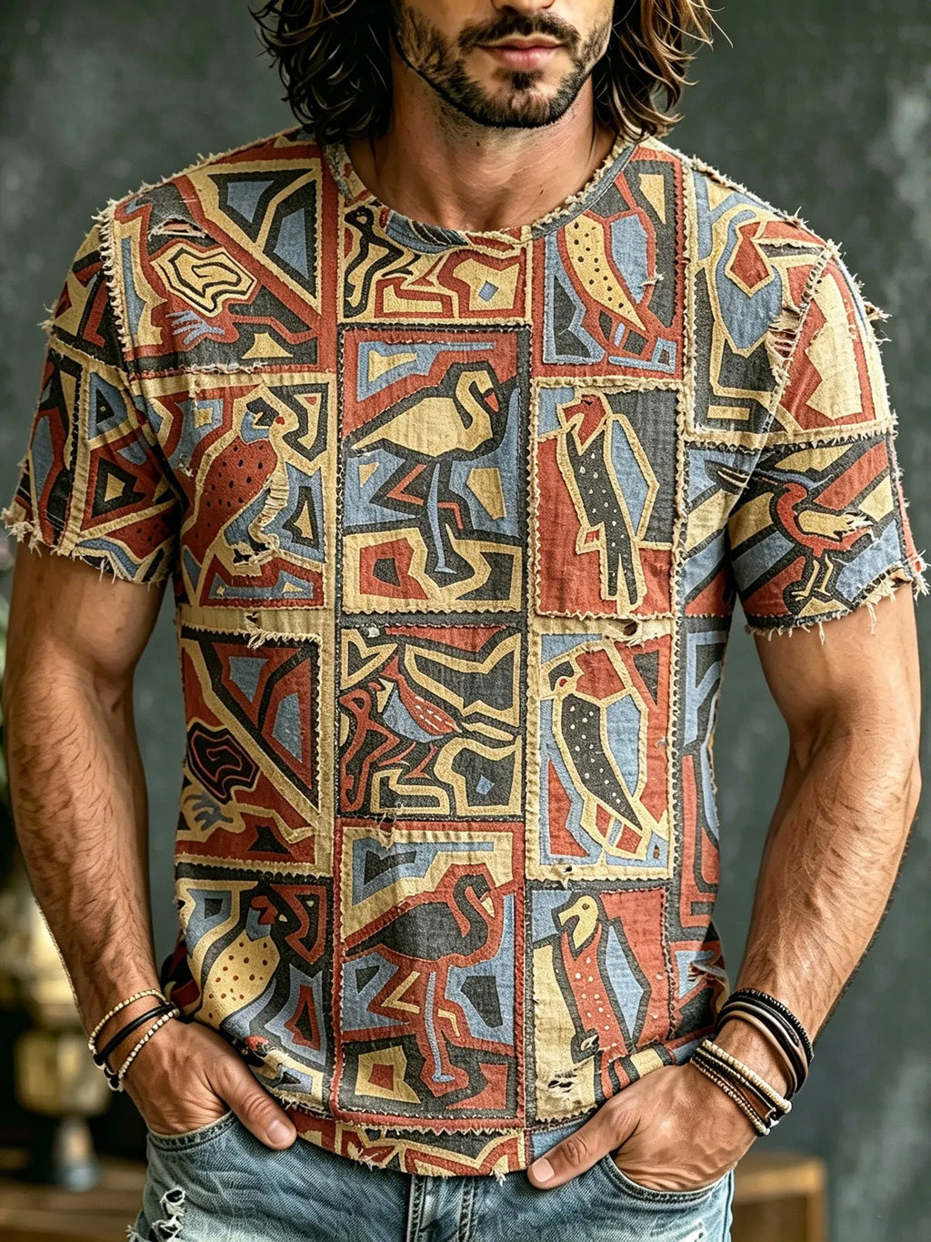 Men's Retro Hippie Style Patchwork Printed T-shirt