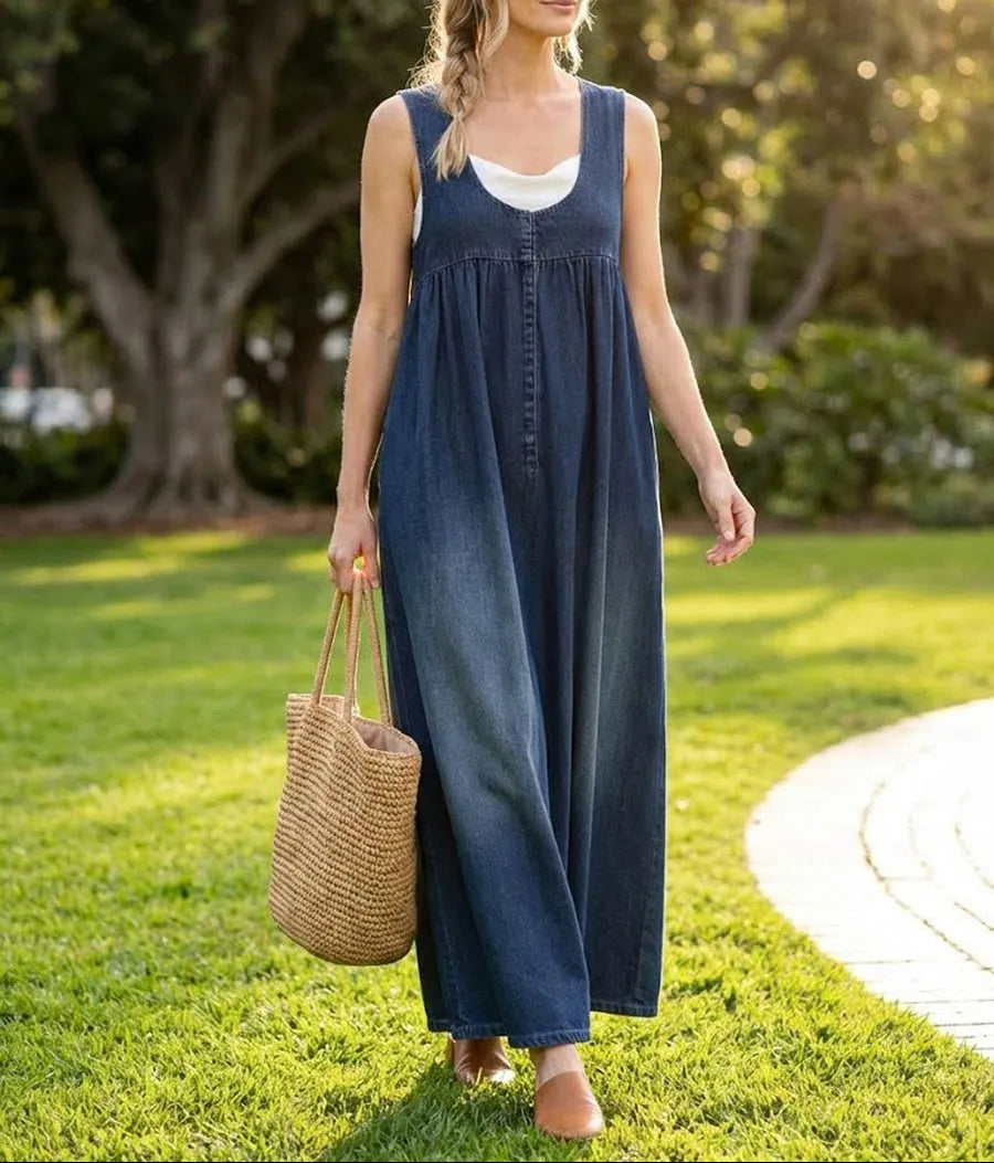 Denim Maxi Dress | Vintage Washed Cotton Button Front Dress