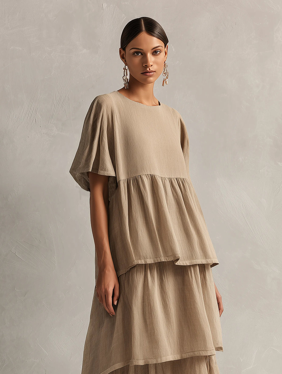 Women's Minimalist Linen-Blend Short-Sleeve Maxi Dress With Tiered Hem MDZ2371F5WY