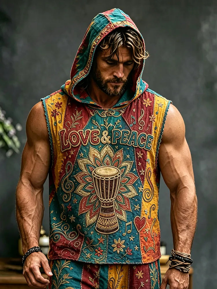 Men's Retro Hippie Tie-dye Print Cotton Linen Hooded Vest