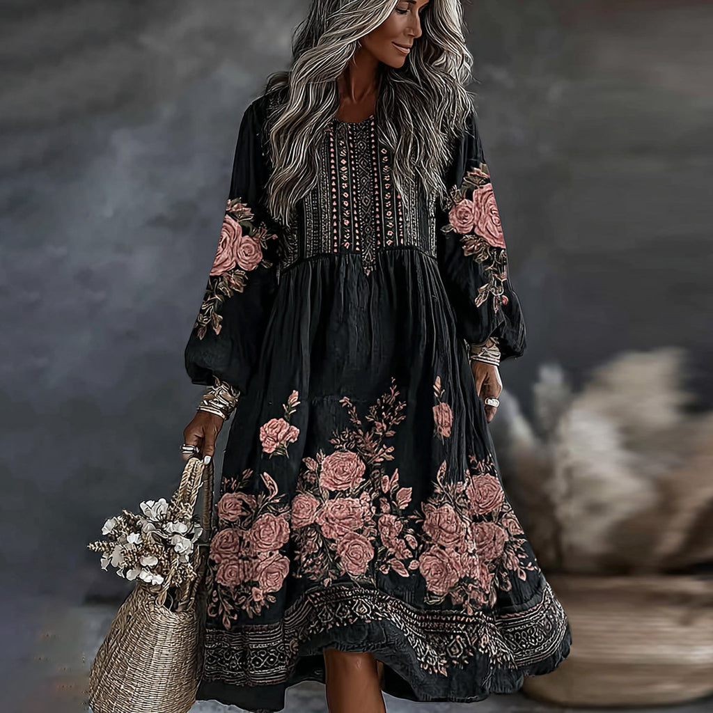 Women's Vintage Floral Art Flowy Linen Blend Casual Round Neck Long Sleeve Maxi Dress