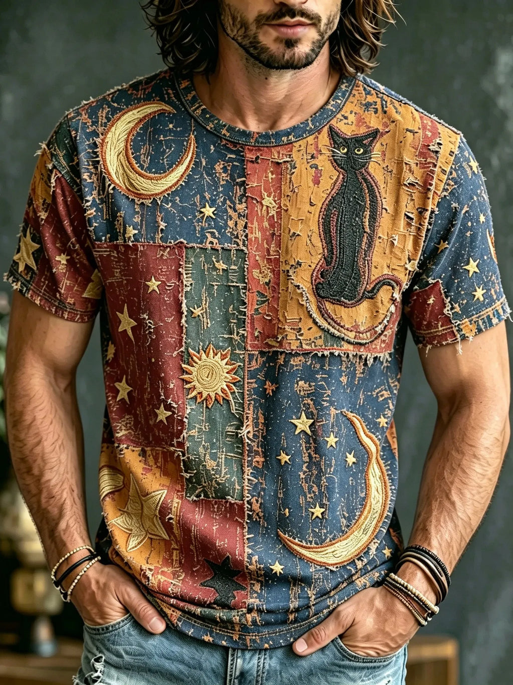 Men's Retro Hippie Style Star And Moon And Cat Embroidered Print T-shirt