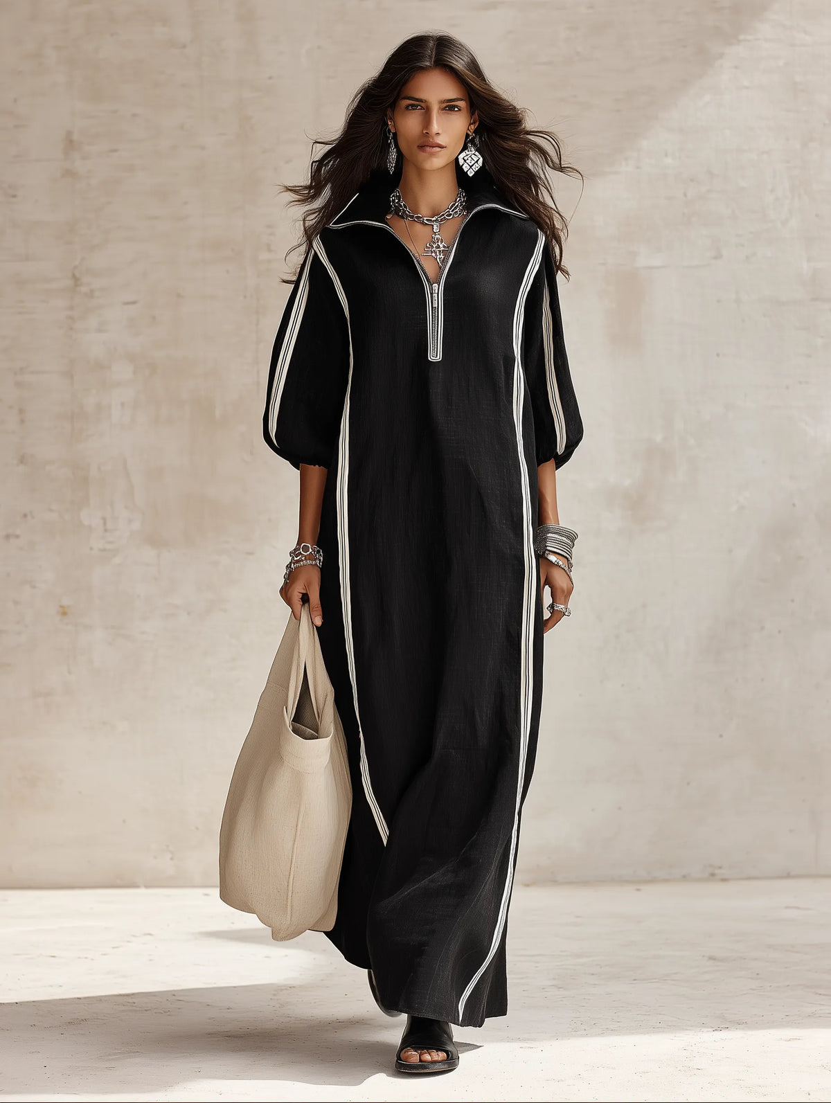Women's Zip Collar Contrast Striped Long Sleeve Maxi Dress