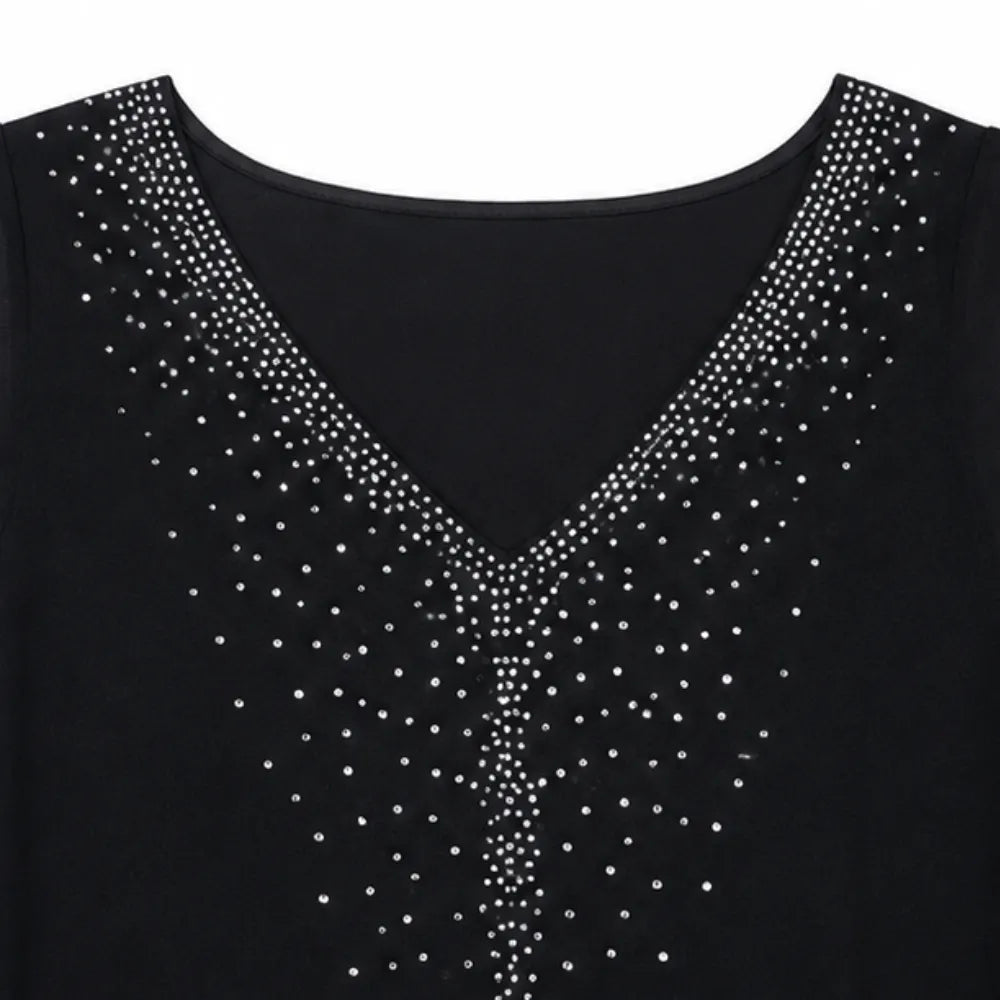 Velora – Rhinestone Look V-Neck Chiffon Like Cape Midi Dress