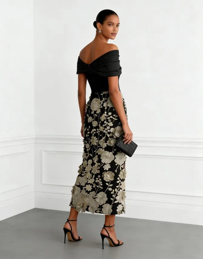 Black 3D Floral Classic Off The Shoulder Short Sleeve Sheath Midi Dress