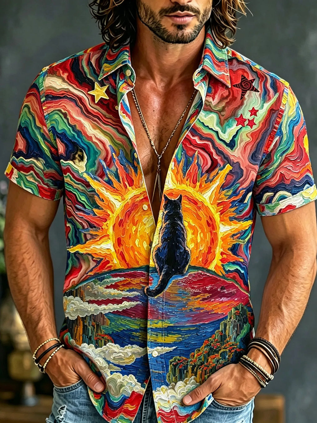 Men's Retro Hippie Style Sun And Cat Print Short-sleeve Shirt