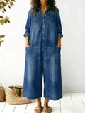 Long Sleeves Loose Buttoned Pockets Solid Color Split-Joint Lapel Jumpsuits