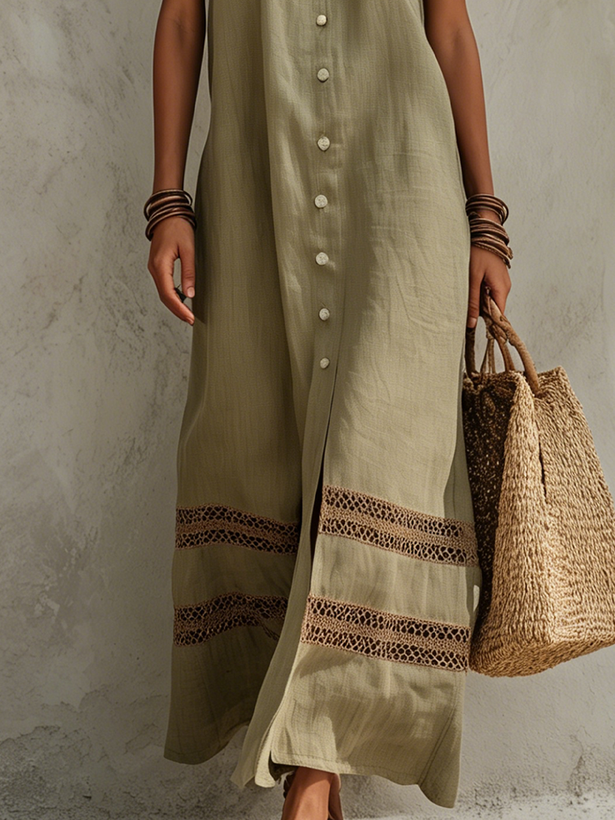 Olive Green Cotton Linen Sleeveless Contrast Lace Cutout Maxi Dress