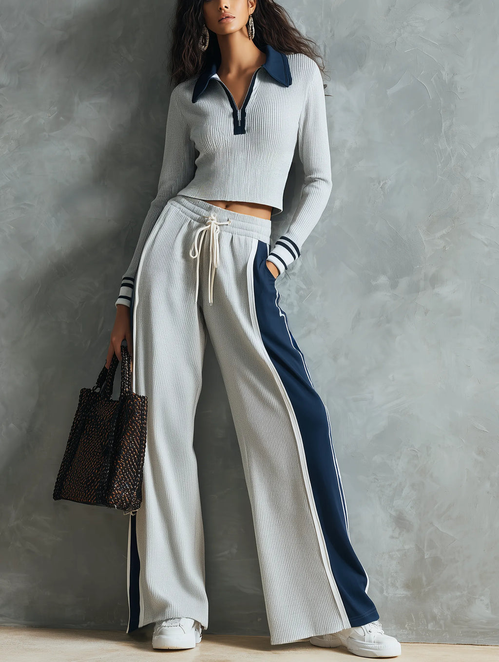 Women's Casual Blue-grey Ribbed Stretch Knit Long-sleeve Top Paired With Trousers MDZ2418G6LXY