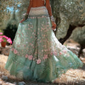 Women's Romantic Vacation Greek Key With Floral Art Linen Blend Casual Skirt