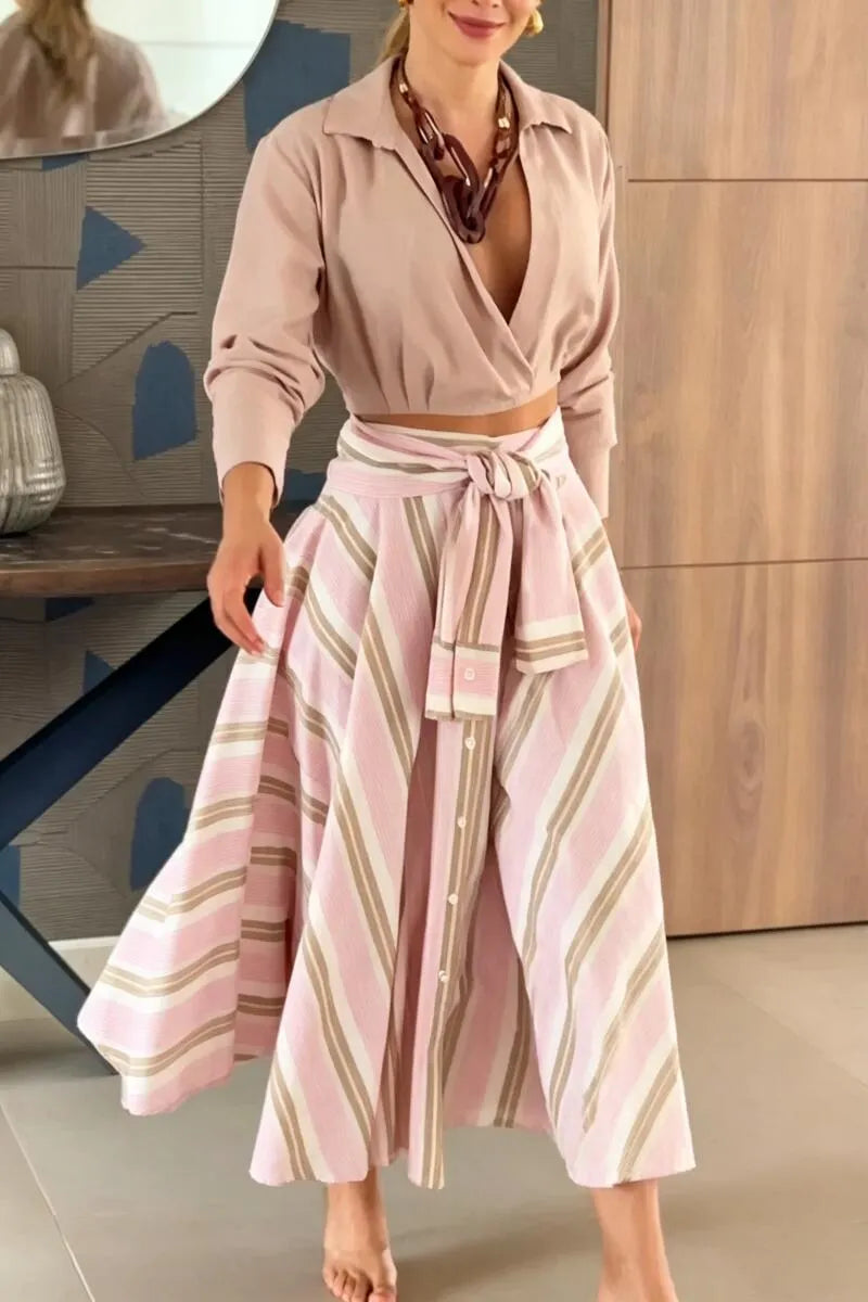 Women Elegant Casual Collar Top or Vertical Stripe Half Skirt