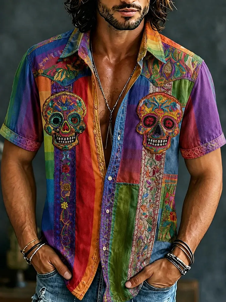 Men's Retro Hippie Skull Patchwork Print Short-sleeve Shirt