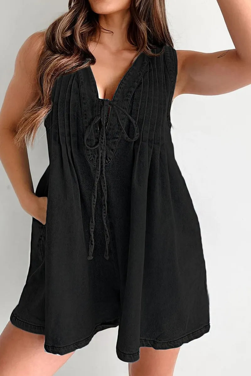 Womens Casual Sleeveless Tie Front Denim Romper Overall Shorts Summer Jean Romper With Pocket