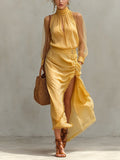 Yellow Cotton Linen Long Sleeve Maxi Dress