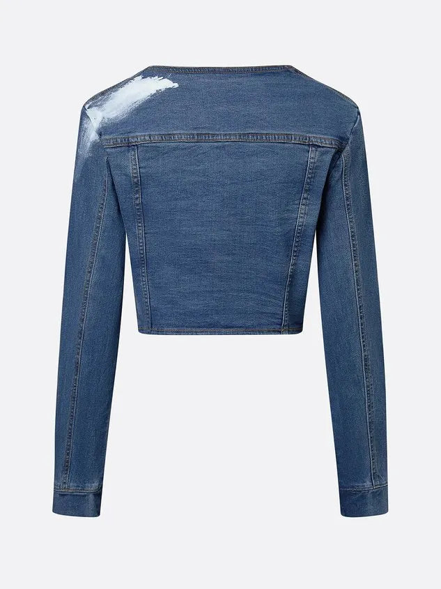 Casual Pockets Plain Crew Neck Denim Jacket