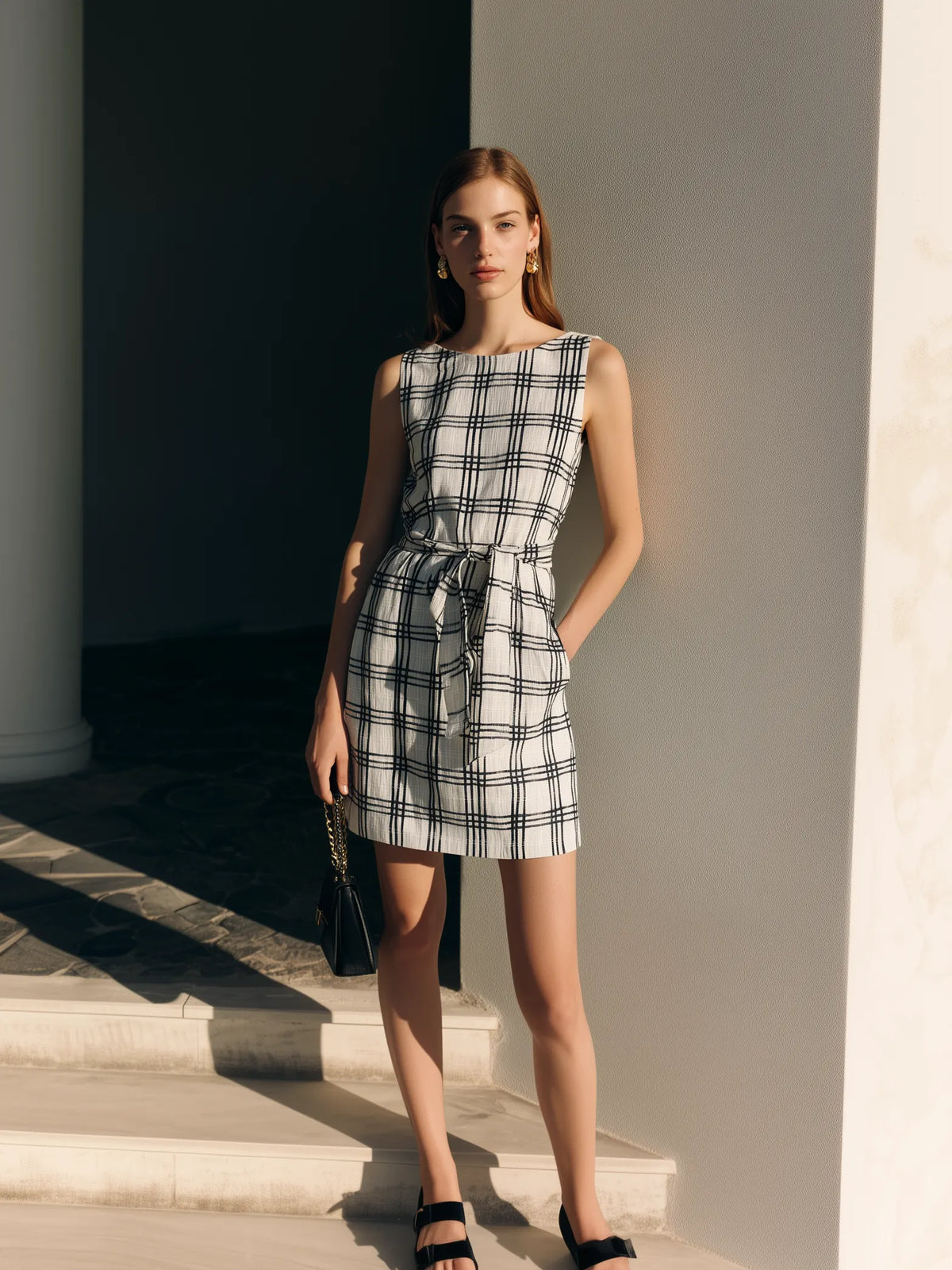 Women's Elegant Black & White Plaid Cotton-Linen Short Dress — Crew Neck, Sleeveless, Loose Fit MDZ2741D6LXY