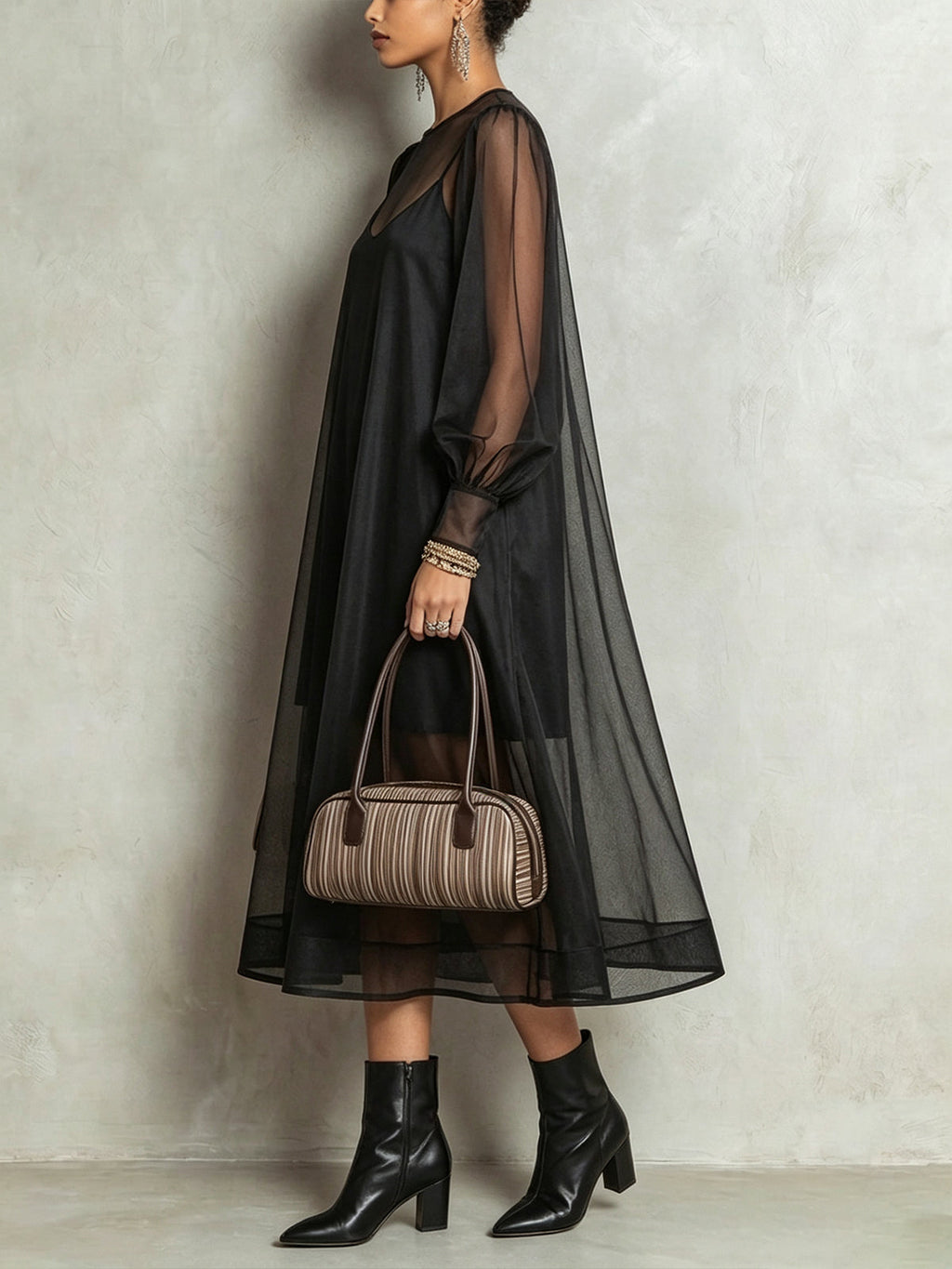 Black Sheer Mesh Overlay Midi Dress
