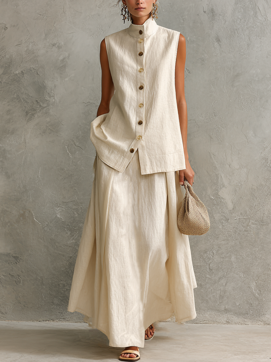 Women's Relaxed Off-White Linen-Cotton Two-Tone Button Stand Collar Sleeveless Vest And Maxi Skirt Two-Piece Set MDZ2485D5GMJ
