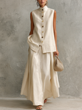 Women's Relaxed Off-White Linen-Cotton Two-Tone Button Stand Collar Sleeveless Vest And Maxi Skirt Two-Piece Set MDZ2485D5GMJ