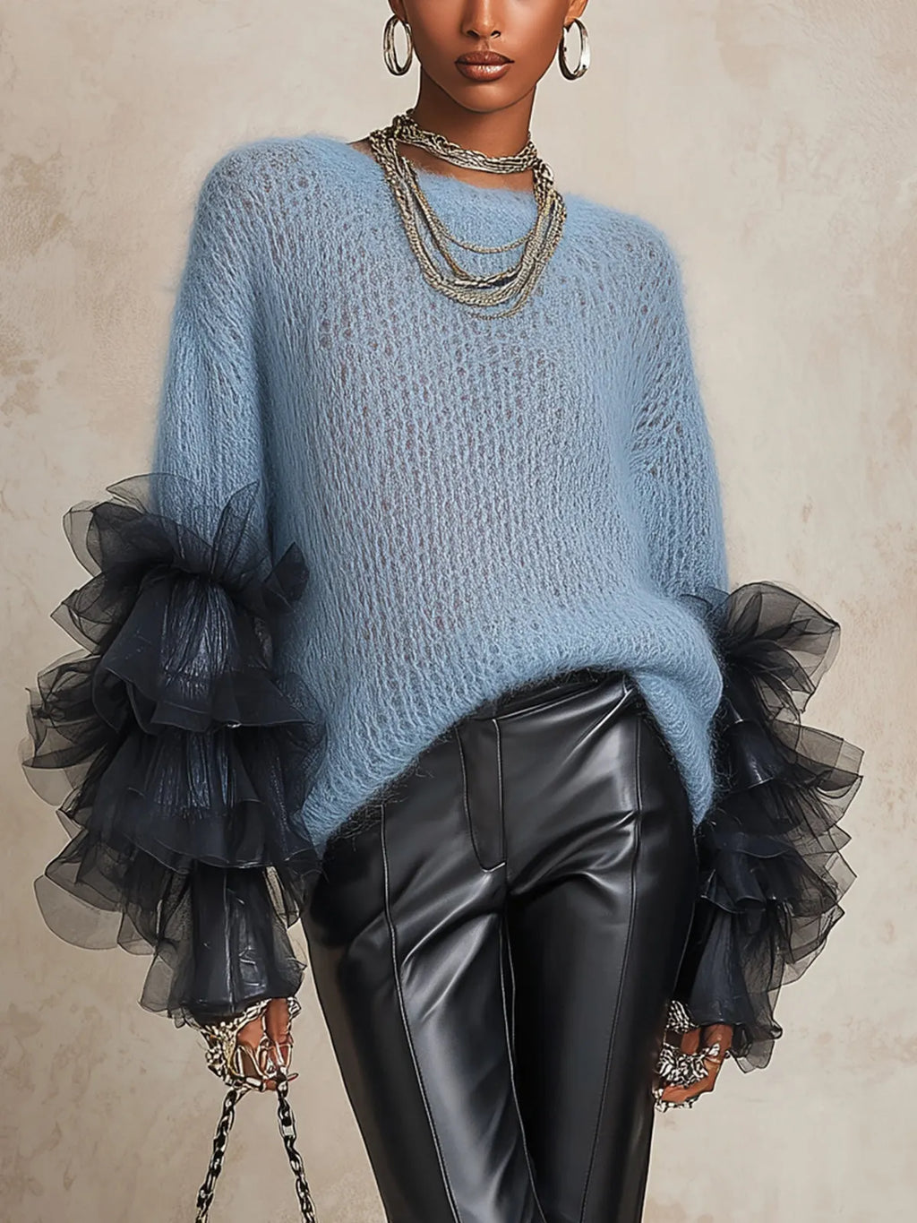 Light Blue Mohair Crew Neck Sweater With Layered Black Tulle Ruffle Cuffs