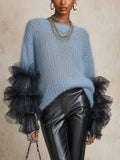 Light Blue Mohair Crew Neck Sweater With Layered Black Tulle Ruffle Cuffs