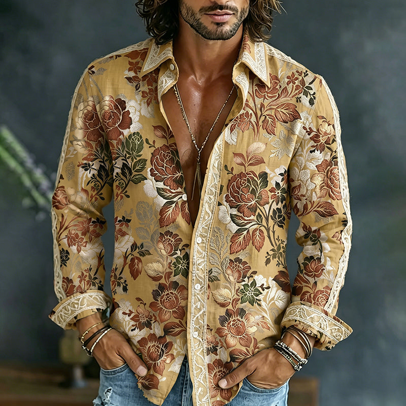 Men's Retro Floral Art Print Flowy Linen Blend Shirt