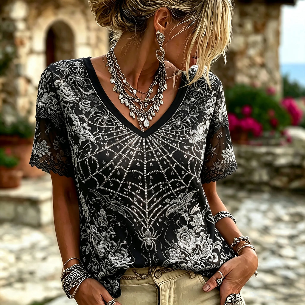 Vintage Gothic Spider Web Floral Lace V-neck Blouse
