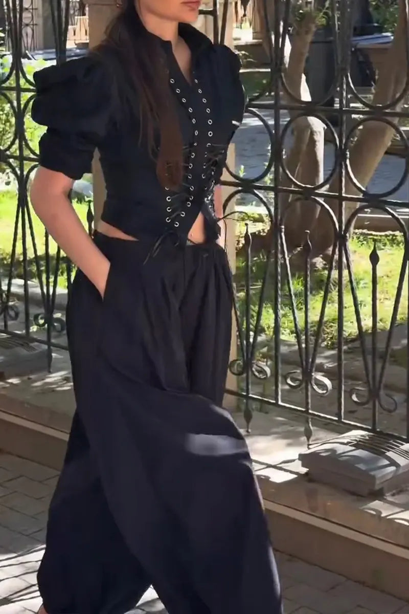 Women's Fashion Gigot Sleeve Tie Front Shirts or Wide Leg Pants
