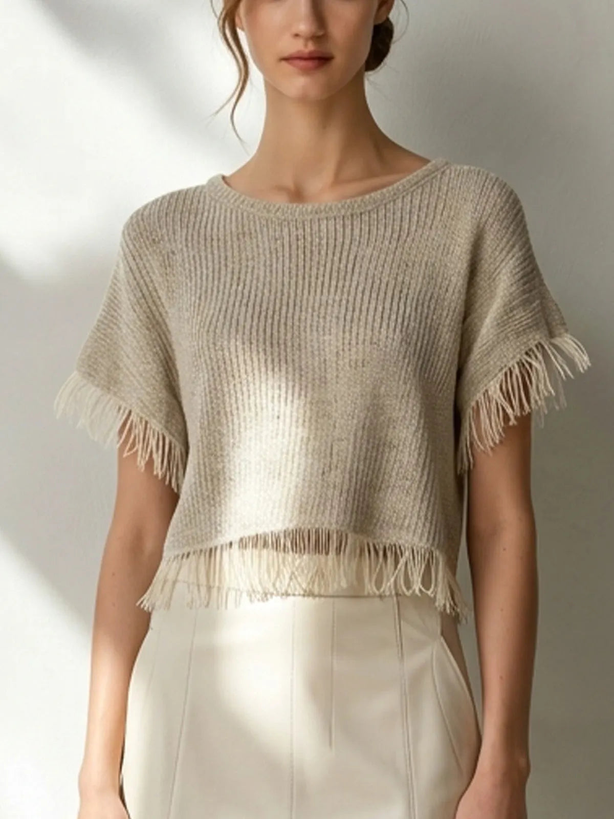 White Textured Fringe Hem Short Sleeve Top