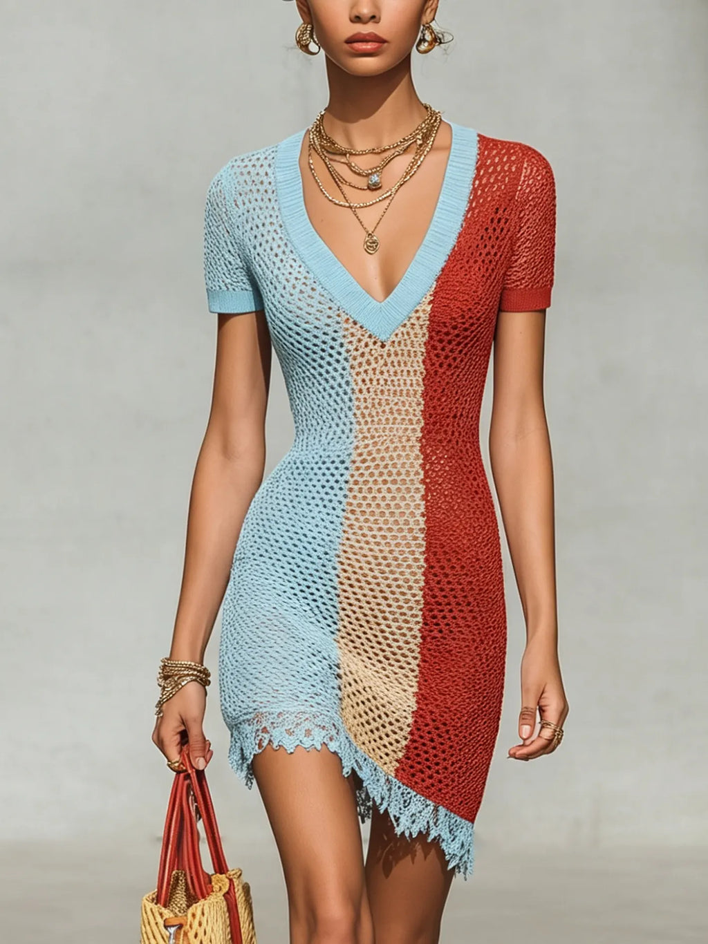 ColorBlock V-Neck Knit Bodycon Mini Dress With Lace Patchwork Hem