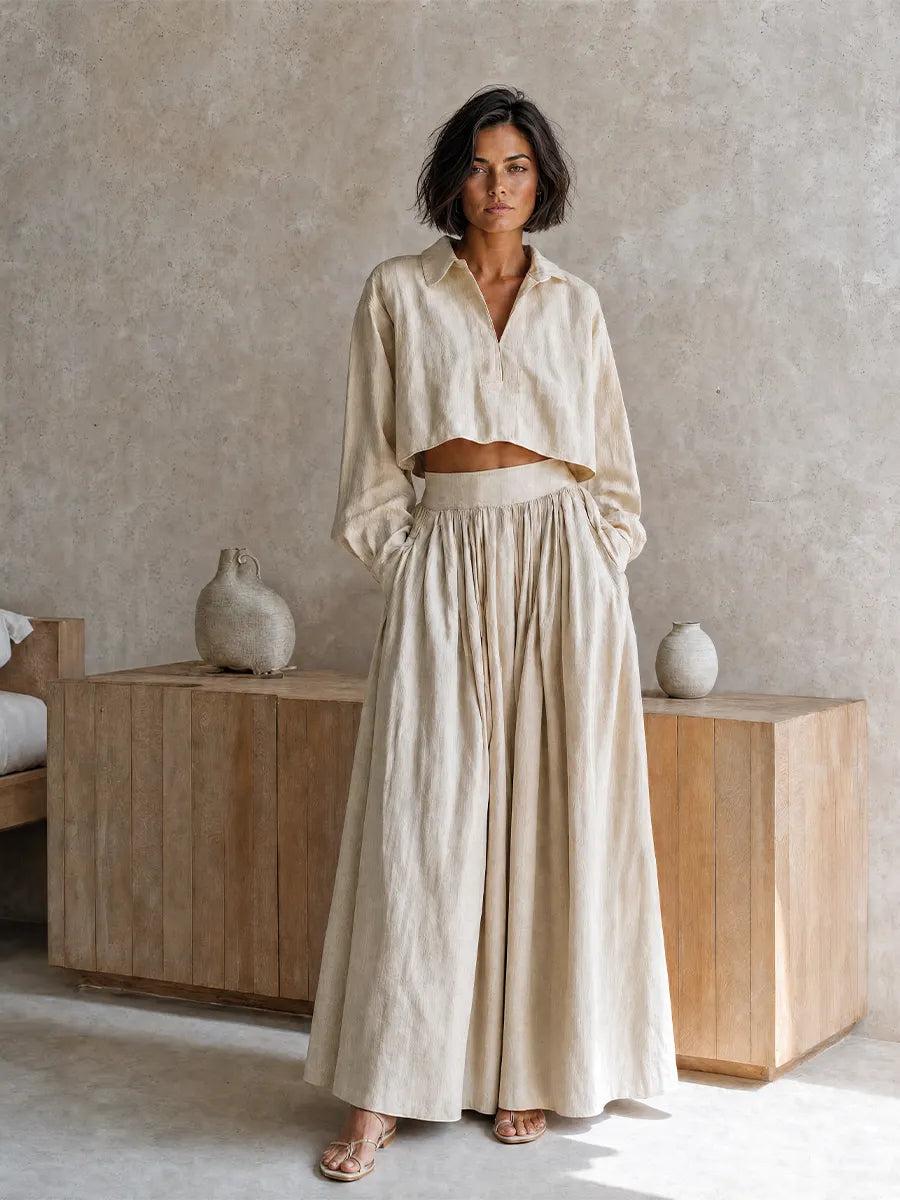 Women's Vacation-Style Beige Cotton-Linen Collared Dropped-Shoulder Long-Sleeve Cropped Top + High-Waist Pleated Wide-Leg Pants MDZ0766G0CMX