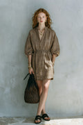 Women's Brown Houndstooth Puff Sleeve Short Dress