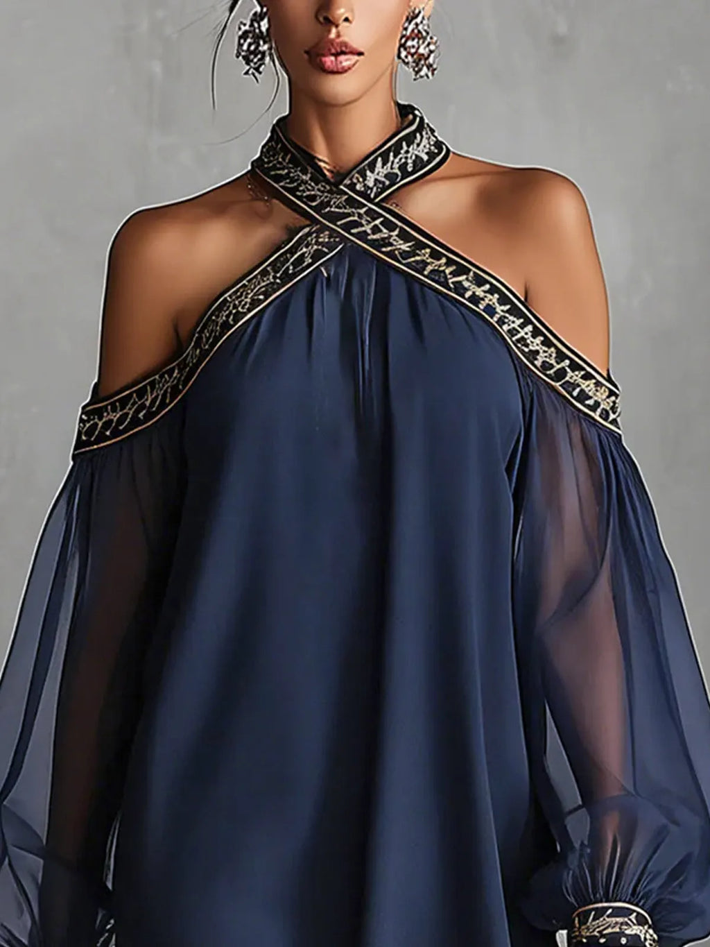 Navy Off-Shoulder Chiffon Mini Dress