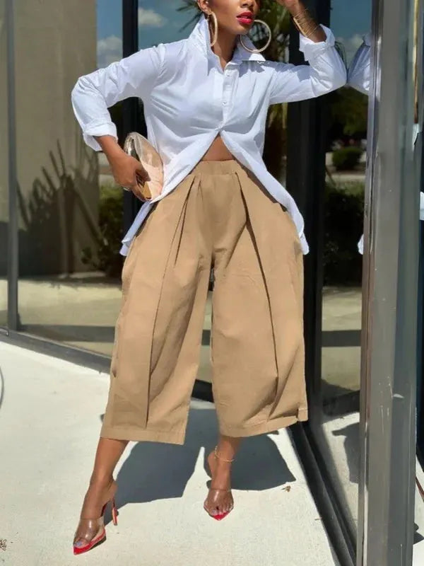Loose Wide Leg Pleated Pockets Solid Color Pants