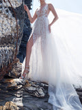 Sexy V-Neck Lace See-Through Split-Side Solid Color Wedding Maxi Dress