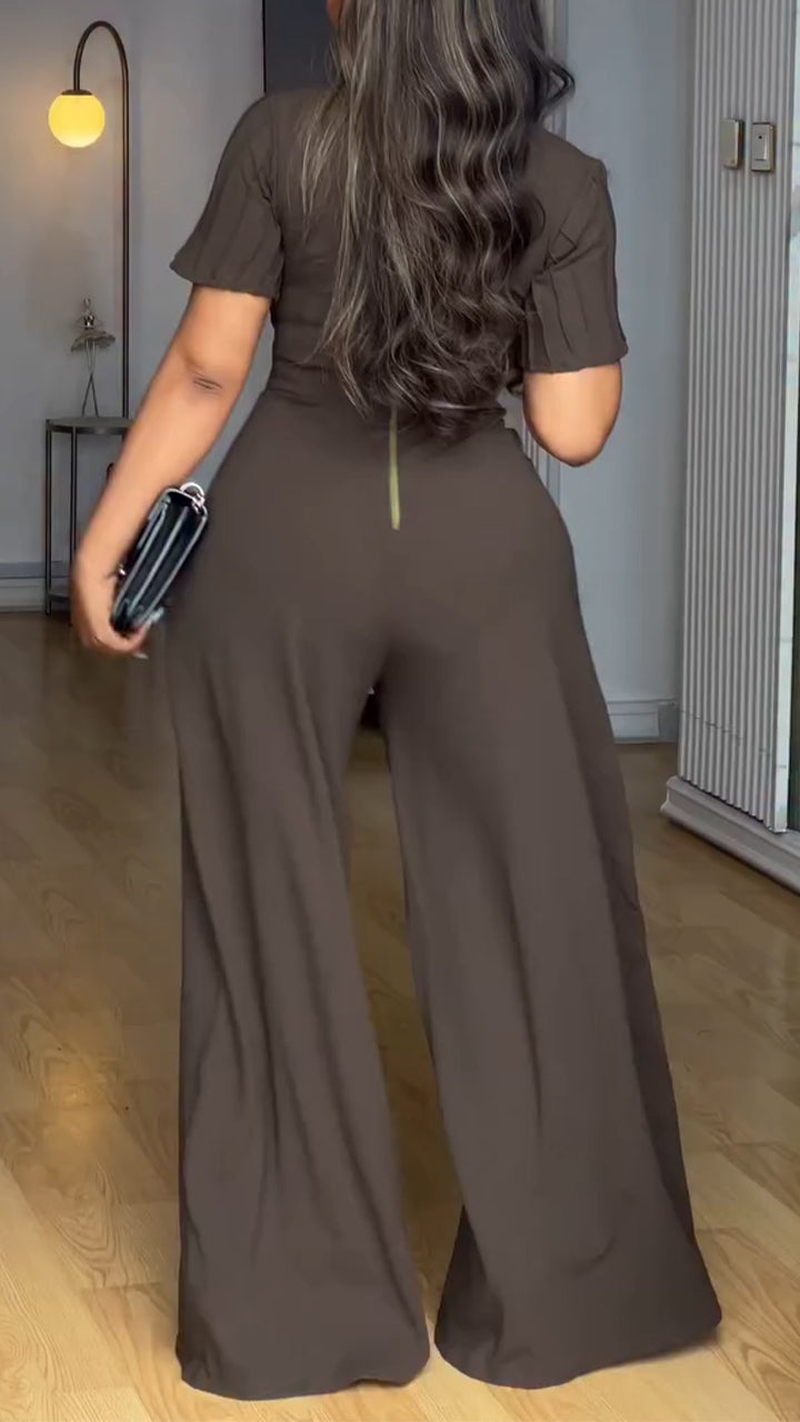 Women Round Neck Hollow Out Temperament Casual Wide Leg Jumpsuit