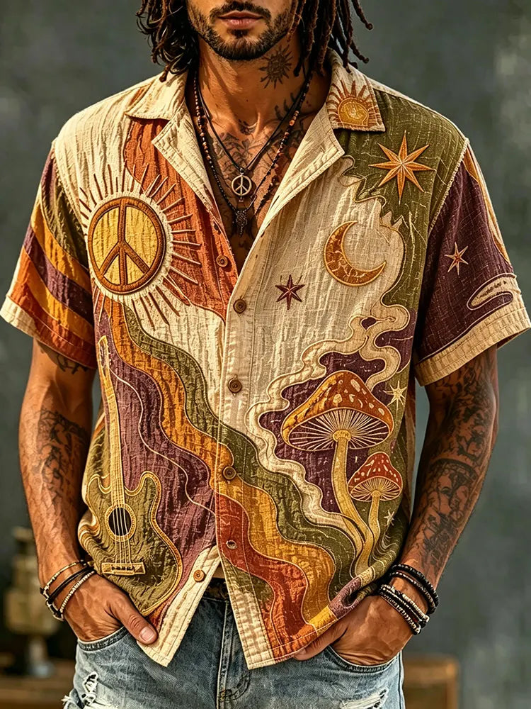 Men's Colorblock Mushroom Guitar Peace Sign Print Short Sleeve Shirt