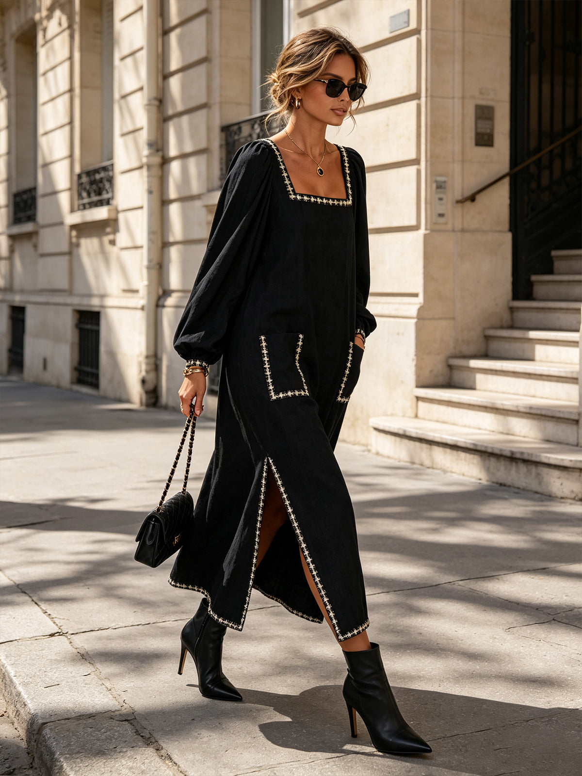 Black Square Neck Trim Pocket Maxi Dress
