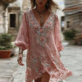 Women's Rose Floral Embroidered Casual V-neck Dress